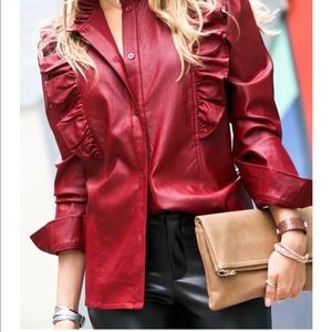 Coated ruffle blouse size large faux leather, wine color